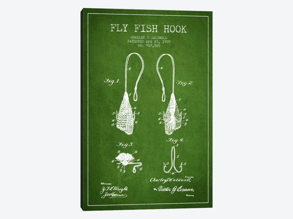 Flyfish Hook Green Patent Blueprint by Aged Pixel 1-piece Canvas Print