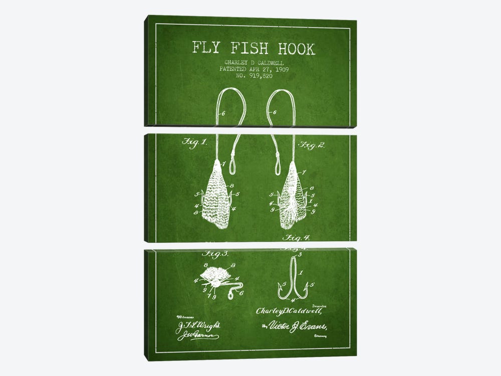 Flyfish Hook Green Patent Blueprint by Aged Pixel 3-piece Art Print