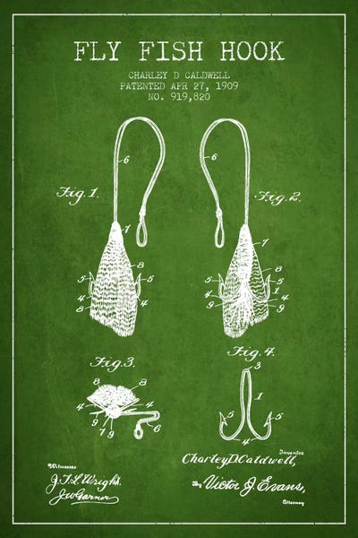 Fishing: Flyfish Hook Green Patent Blueprint by Aged Pixel