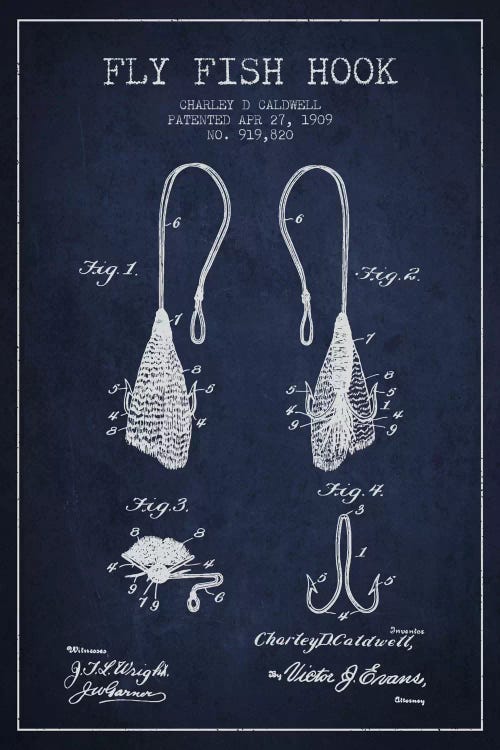Flyfish Hook Navy Blue Patent Blueprint by Aged Pixel wall art
