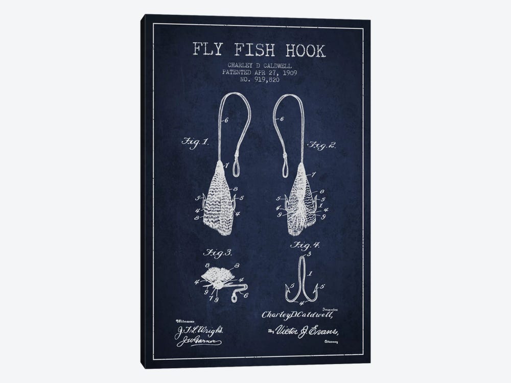 Flyfish Hook Navy Blue Patent Blueprint by Aged Pixel 1-piece Canvas Wall Art