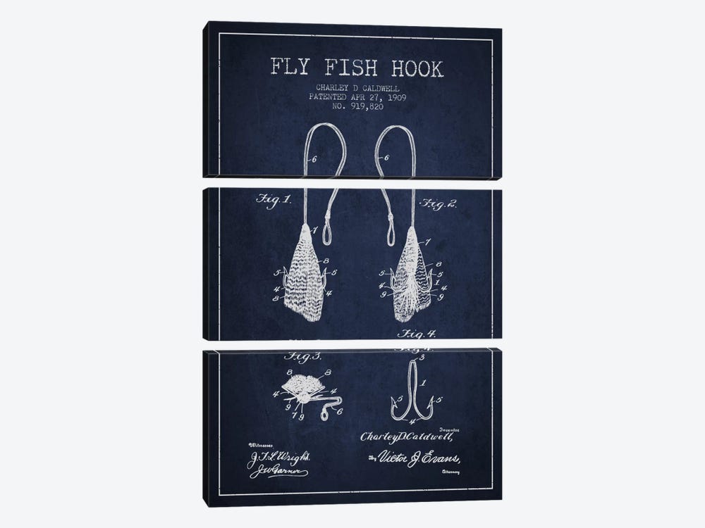 Flyfish Hook Navy Blue Patent Blueprint by Aged Pixel 3-piece Canvas Wall Art