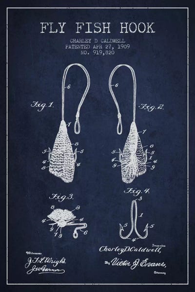 Fishing: Flyfish Hook Navy Blue Patent Blueprint by Aged Pixel