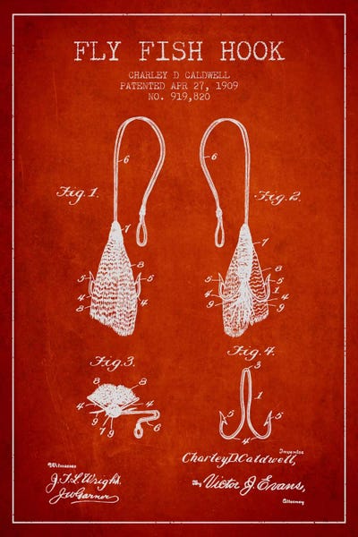 Flyfish Hook Red Patent Blueprint by Aged Pixel canvas print