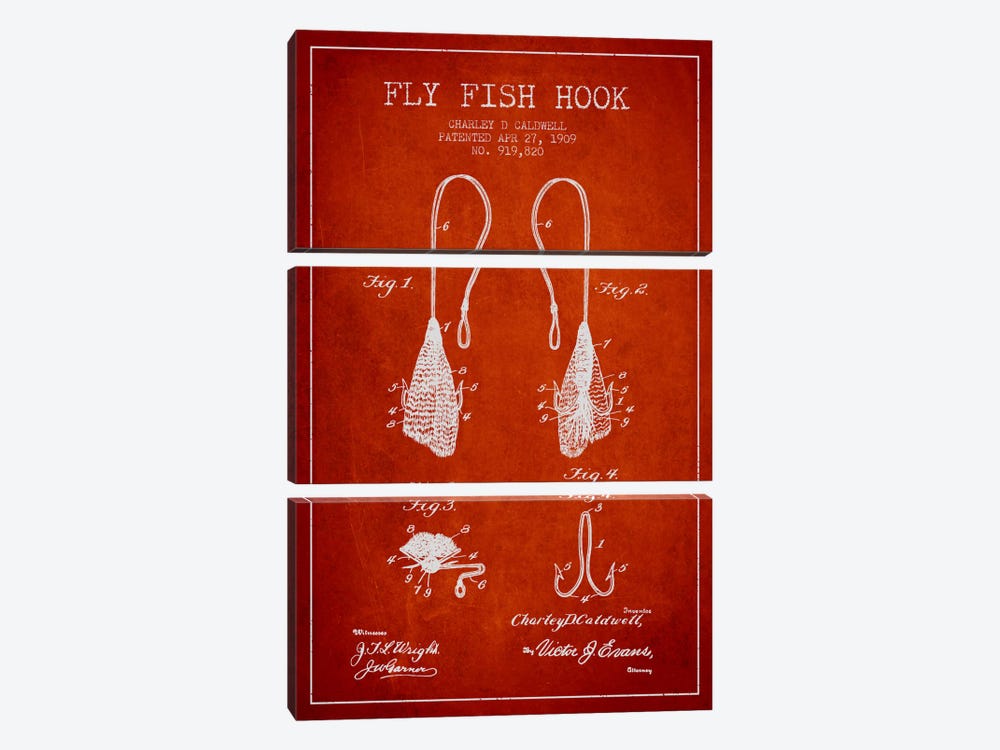 Flyfish Hook Red Patent Blueprint by Aged Pixel 3-piece Art Print