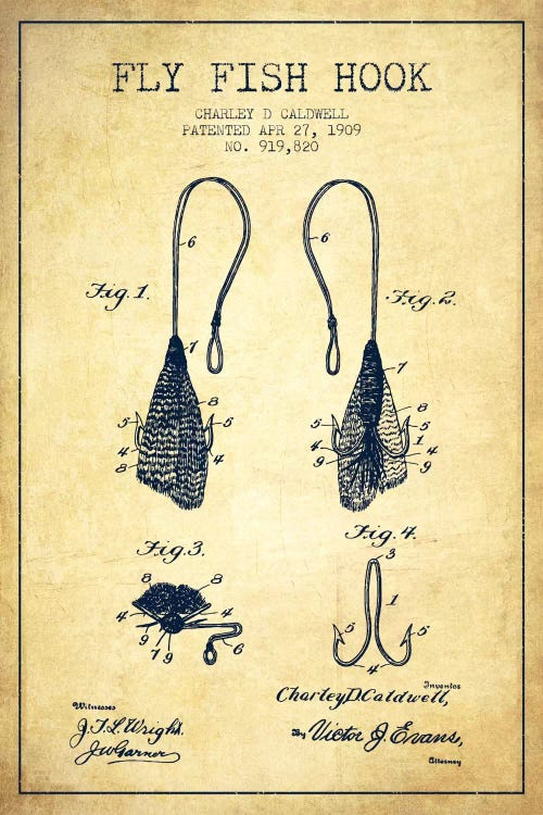 Flyfish Hook Vintage Patent Blueprint by Aged Pixel wall art