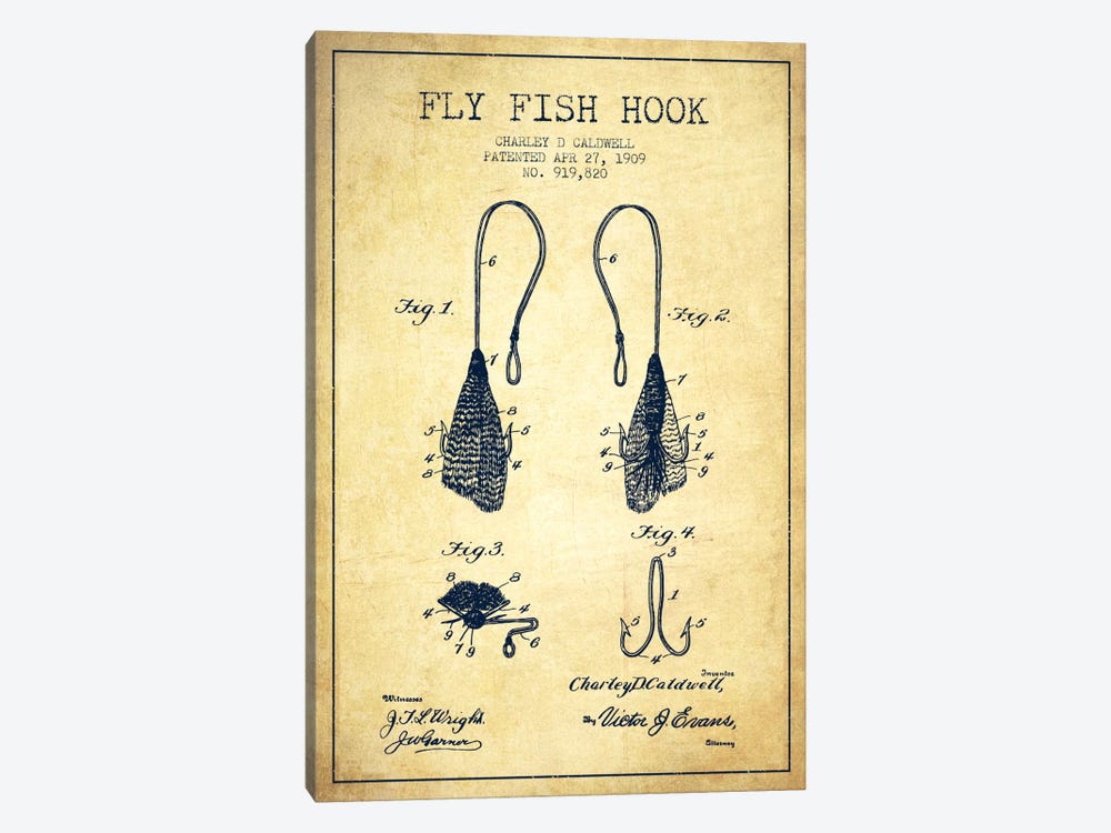 Flyfish Hook Vintage Patent Blueprint by Aged Pixel 1-piece Canvas Wall Art