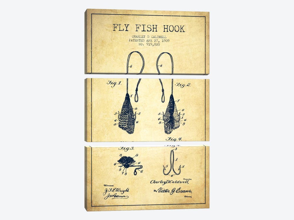 Flyfish Hook Vintage Patent Blueprint by Aged Pixel 3-piece Canvas Wall Art