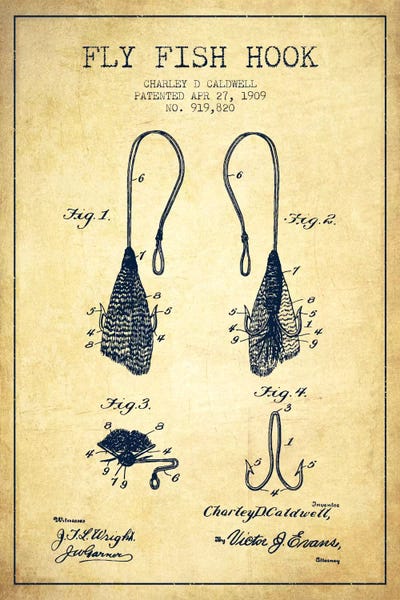 Fishing: Flyfish Hook Vintage Patent Blueprint by Aged Pixel