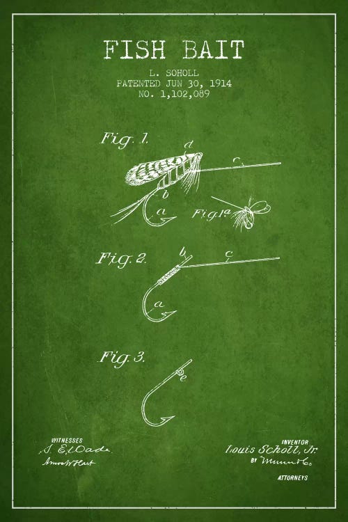 Fish Bait Green Patent Blueprint by Aged Pixel wall art