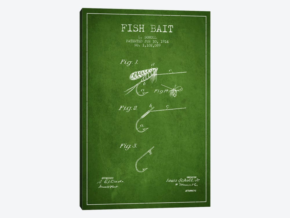 Fish Bait Green Patent Blueprint by Aged Pixel 1-piece Canvas Wall Art