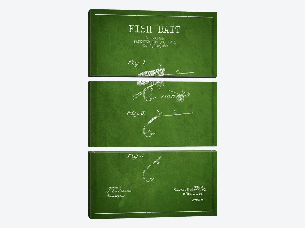 Fish Bait Green Patent Blueprint by Aged Pixel 3-piece Canvas Art