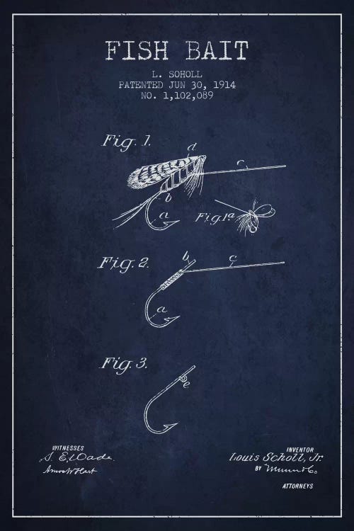 Fish Bait Navy Blue Patent Blueprint by Aged Pixel wall art