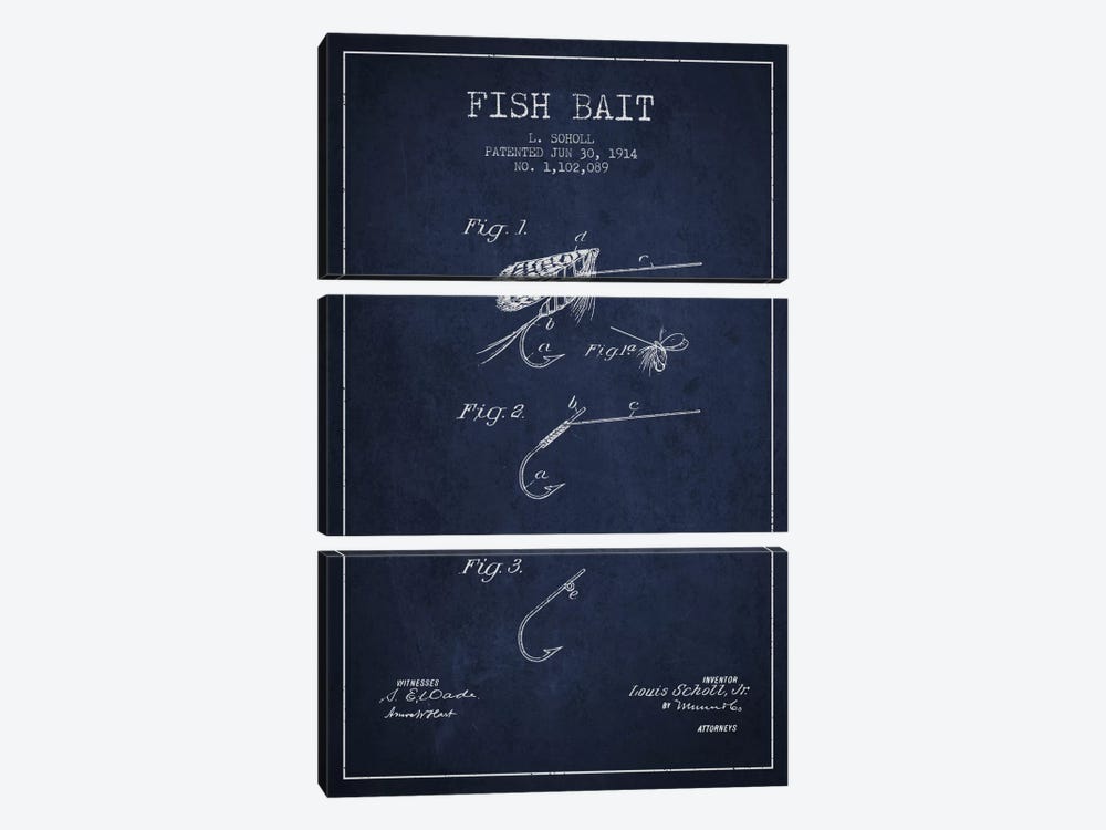 Fish Bait Navy Blue Patent Blueprint by Aged Pixel 3-piece Canvas Print