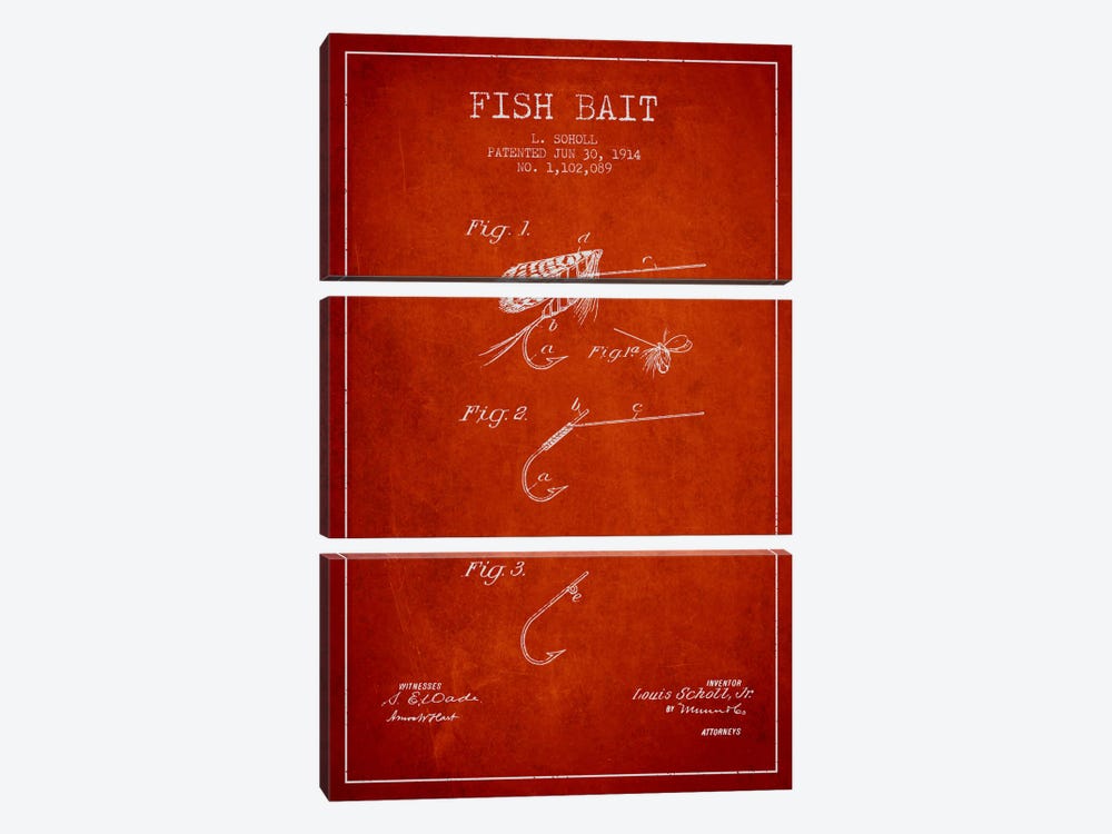 Fish Bait Red Patent Blueprint by Aged Pixel 3-piece Canvas Art