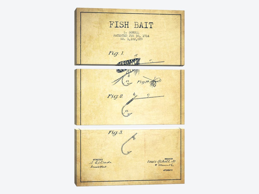 Fish Bait Vintage Patent Blueprint by Aged Pixel 3-piece Art Print