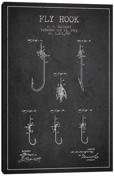 Fly Hook Charcoal Patent Blueprint Canvas Art Print - Art for Dad