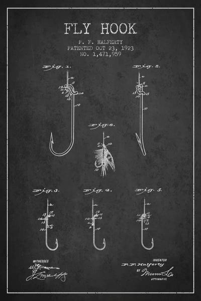 Fishing: Fly Hook Charcoal Patent Blueprint by Aged Pixel
