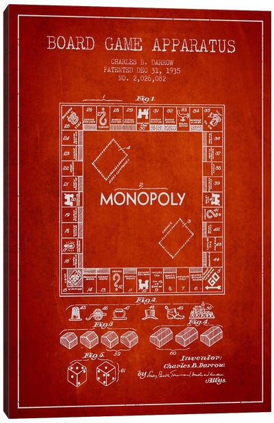 Monopoly Red Patent Blueprint Canvas Art Print - Game Room Art