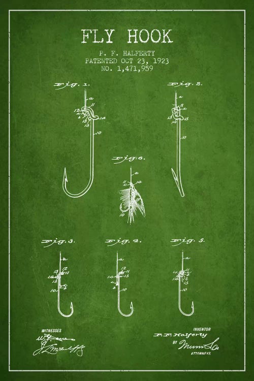 Fly Hook Green Patent Blueprint by Aged Pixel wall art