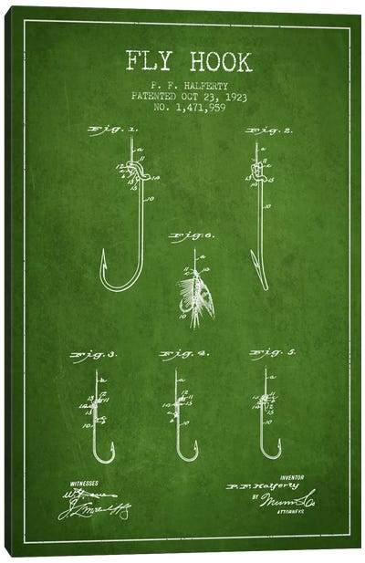 Fly Hook Green Patent Blueprint Canvas Art Print