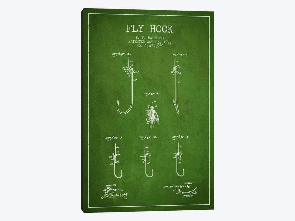Fly Hook Green Patent Blueprint by Aged Pixel 1-piece Canvas Art