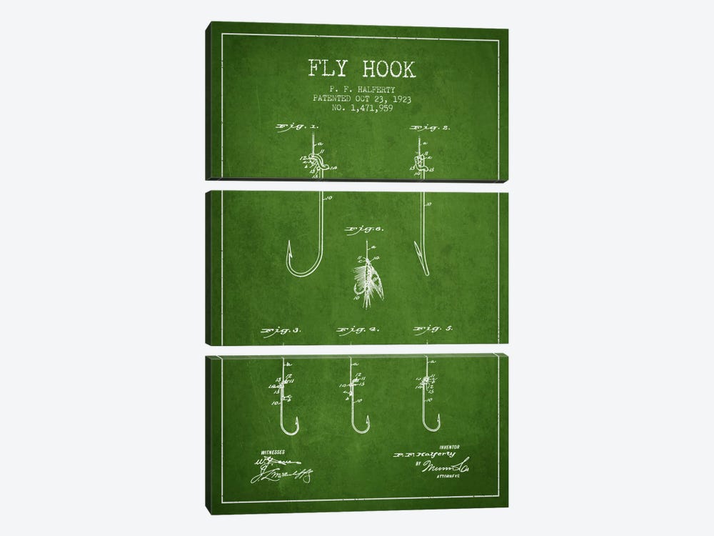 Fly Hook Green Patent Blueprint by Aged Pixel 3-piece Canvas Art