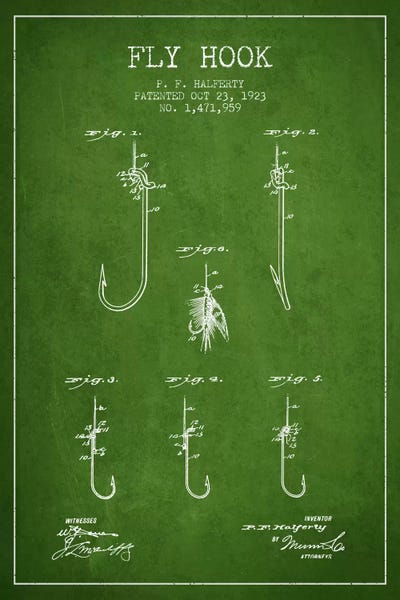 Fishing: Fly Hook Green Patent Blueprint by Aged Pixel