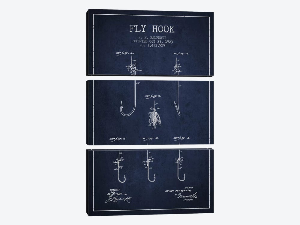 Fly Hook Navy Blue Patent Blueprint by Aged Pixel 3-piece Art Print