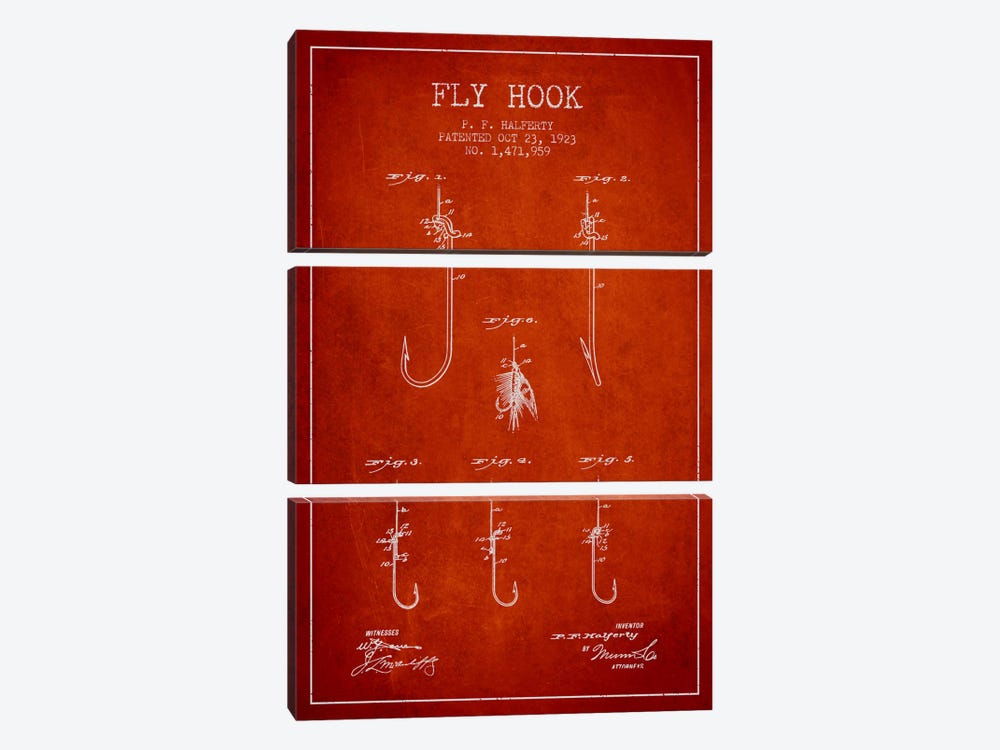 Fly Hook Red Patent Blueprint by Aged Pixel 3-piece Canvas Wall Art