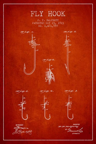Fishing: Fly Hook Red Patent Blueprint by Aged Pixel