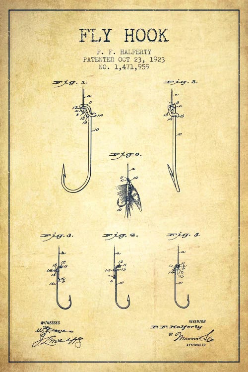 Fly Hook Vintage Patent Blueprint by Aged Pixel wall art