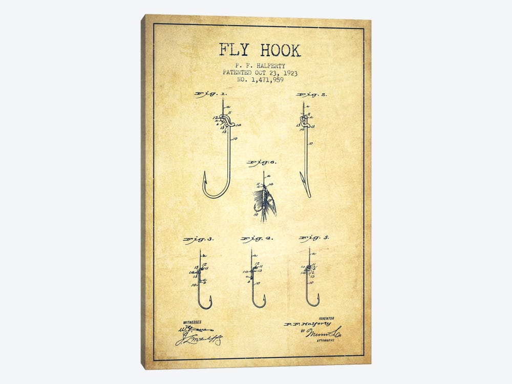 Fly Hook Vintage Patent Blueprint by Aged Pixel 1-piece Canvas Art Print