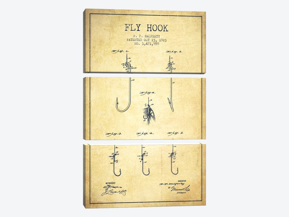 Fly Hook Vintage Patent Blueprint by Aged Pixel 3-piece Canvas Art Print