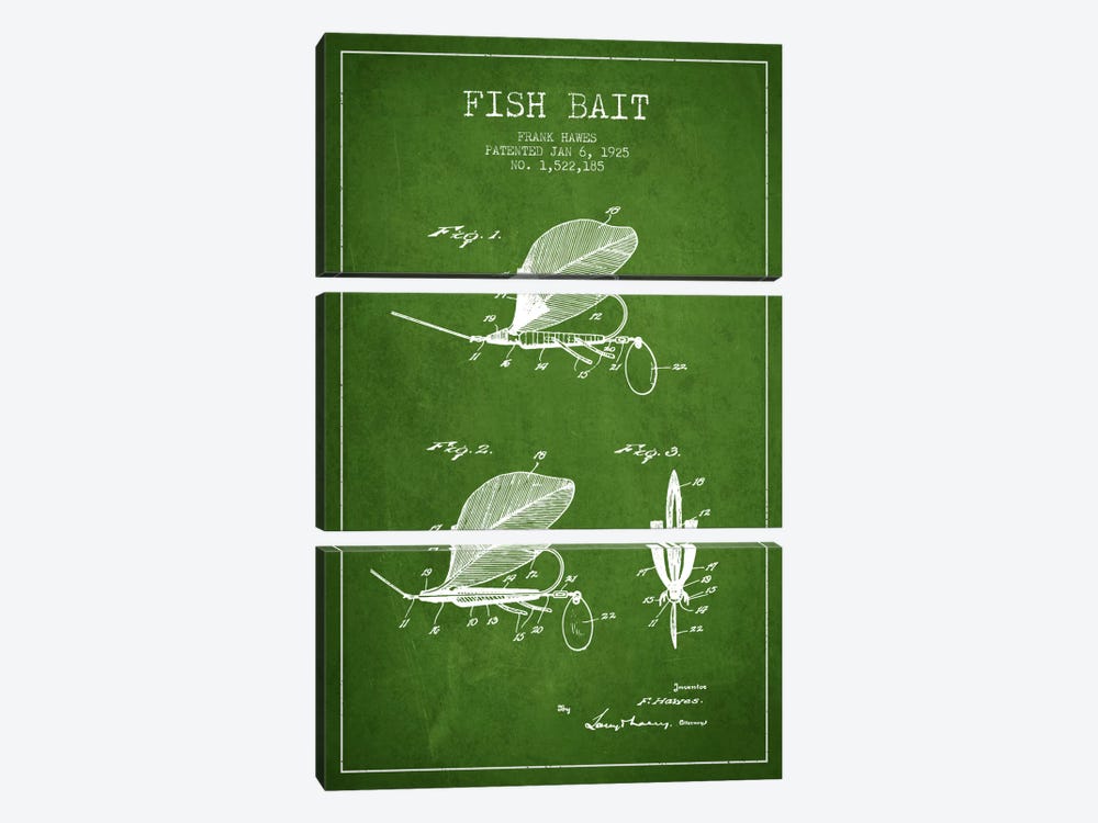 Fish Bait Green Patent Blueprint by Aged Pixel 3-piece Canvas Art Print