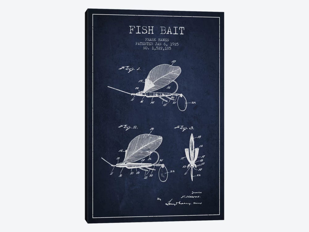 Fish Bait Navy Blue Patent Blueprint by Aged Pixel 1-piece Canvas Wall Art