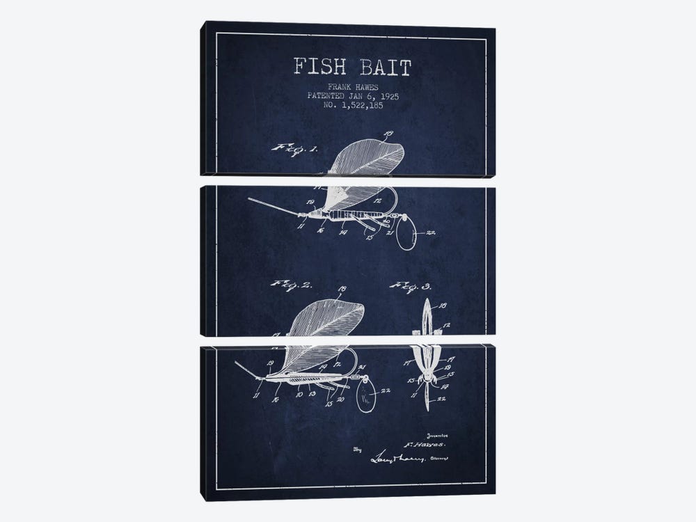 Fish Bait Navy Blue Patent Blueprint by Aged Pixel 3-piece Canvas Wall Art