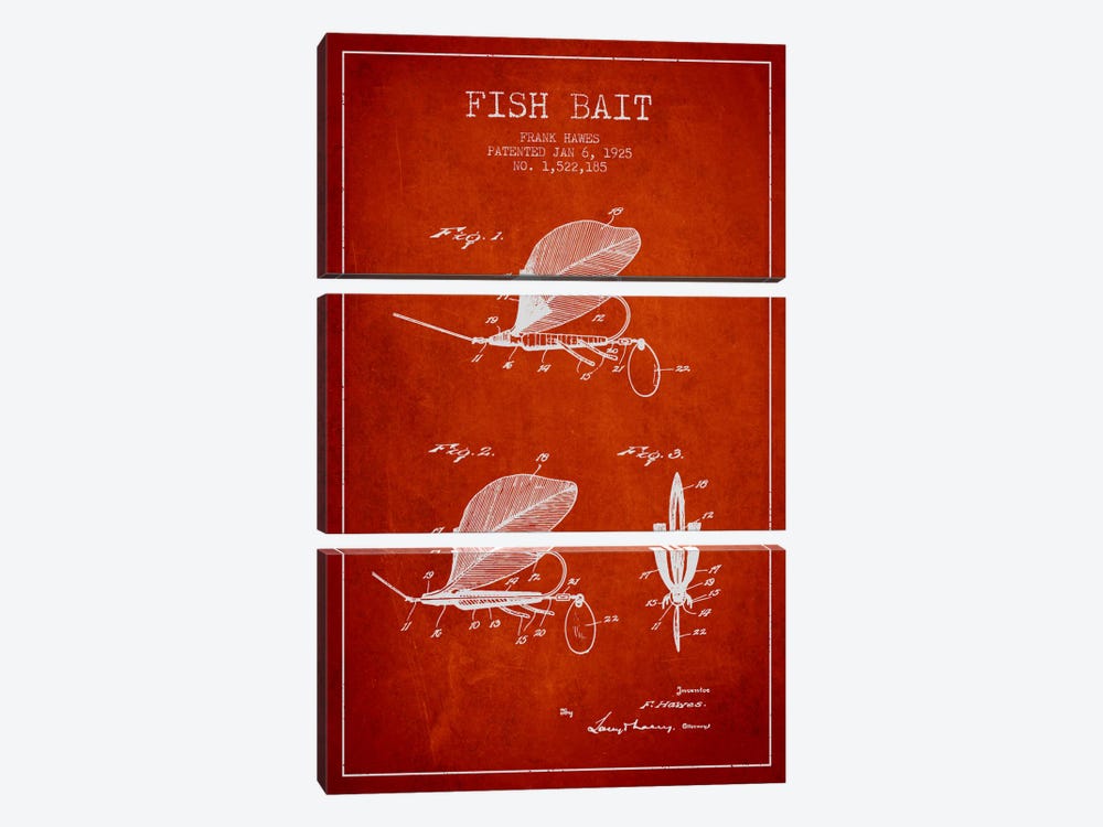 Fish Bait Red Patent Blueprint by Aged Pixel 3-piece Canvas Art Print