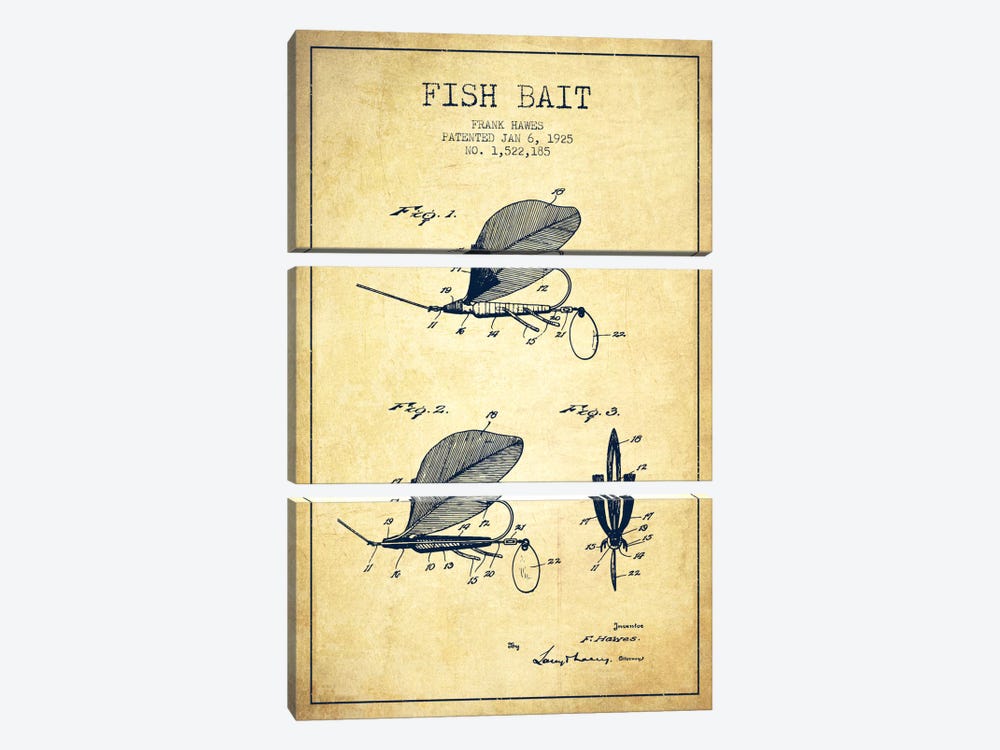 Fish Bait Vintage Patent Blueprint by Aged Pixel 3-piece Canvas Art