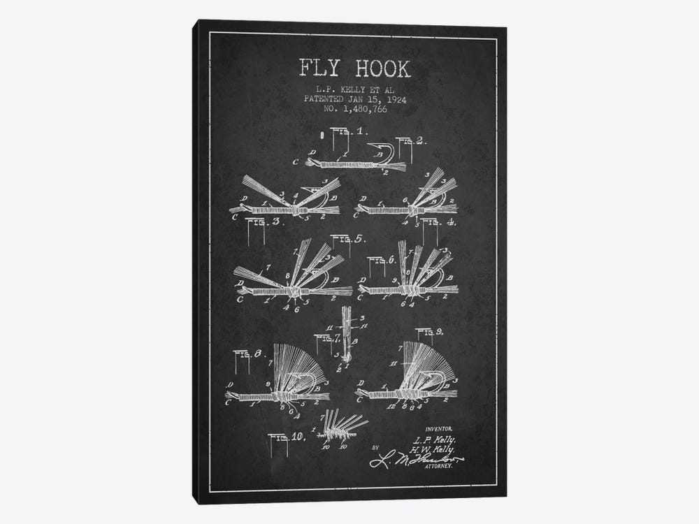 Fly Hook Charcoal Patent Blueprint by Aged Pixel 1-piece Canvas Art Print