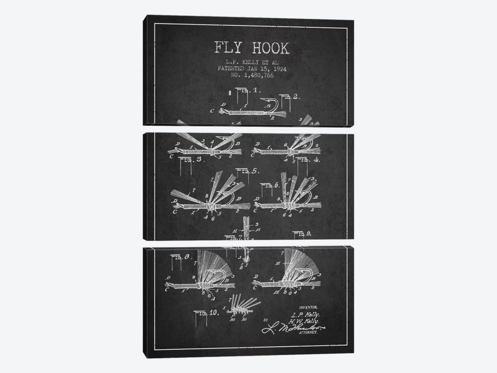 Fly Hook Charcoal Patent Blueprint by Aged Pixel 3-piece Canvas Art Print