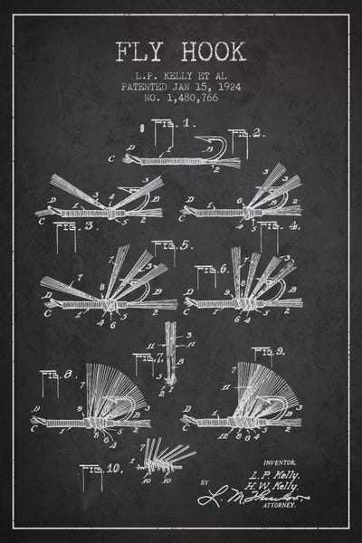 Fishing: Fly Hook Charcoal Patent Blueprint by Aged Pixel