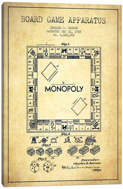 Monopoly Vintage Patent Blueprint Canvas Art Print - Aged Pixel: Toys & Games