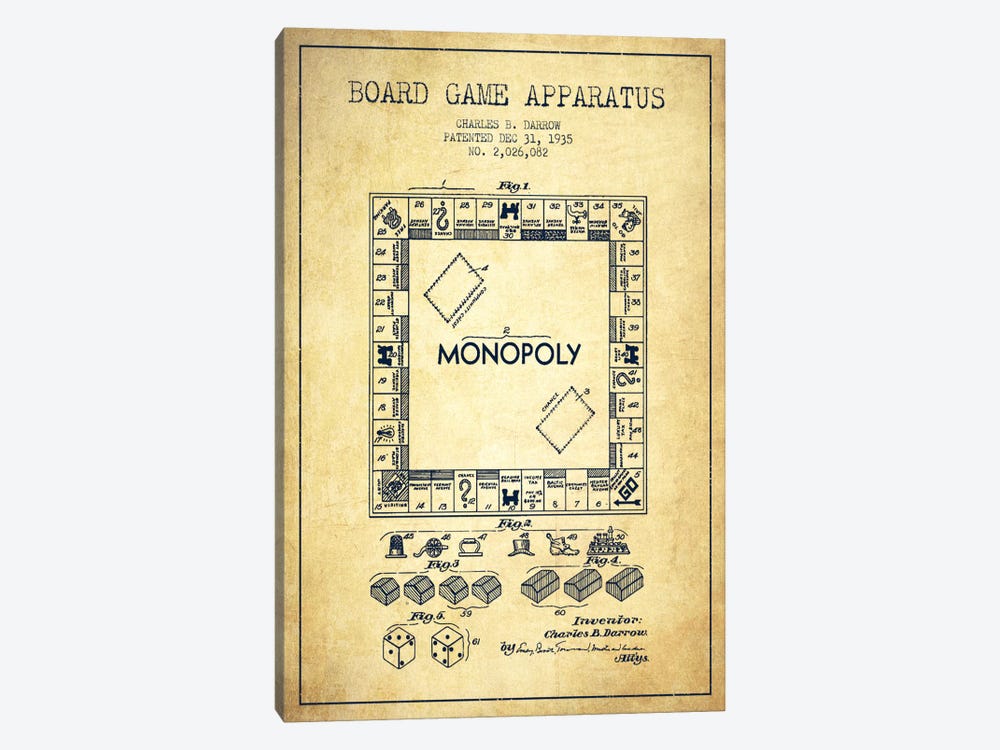 Monopoly Vintage Patent Blueprint by Aged Pixel 1-piece Canvas Print