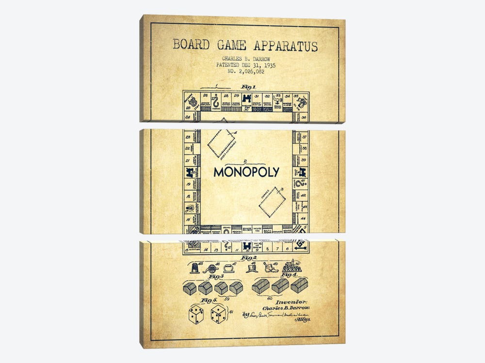 Monopoly Vintage Patent Blueprint by Aged Pixel 3-piece Art Print