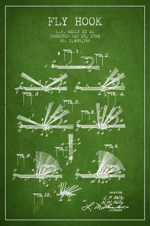 Fly Hook Green Patent Blueprint by Aged Pixel wall art