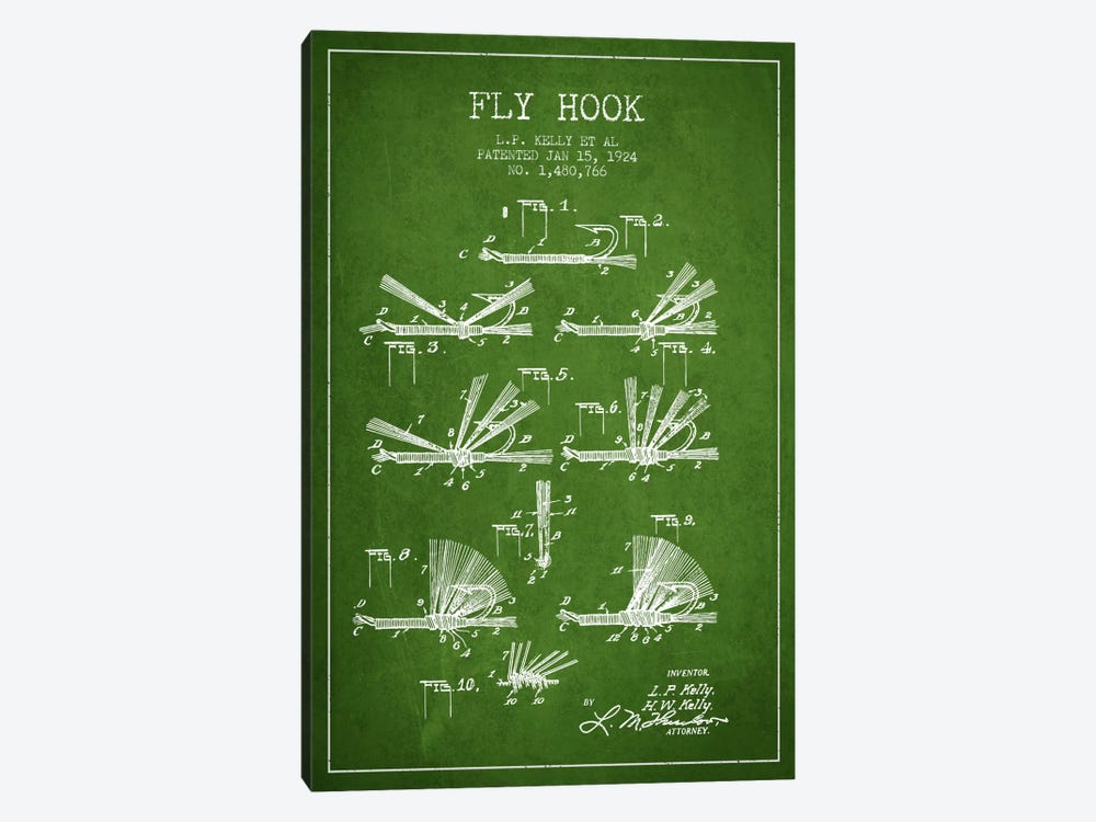 Fly Hook Green Patent Blueprint by Aged Pixel 1-piece Canvas Art Print