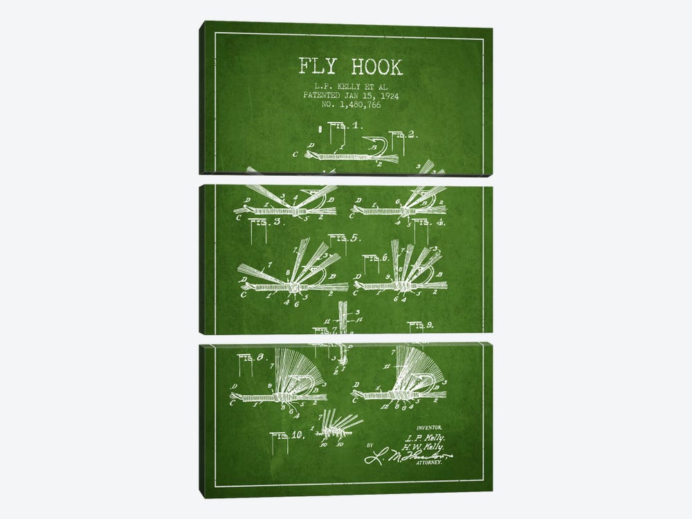 Fly Hook Green Patent Blueprint by Aged Pixel 3-piece Canvas Print