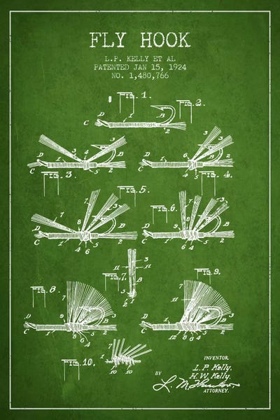 Fishing: Fly Hook Green Patent Blueprint by Aged Pixel