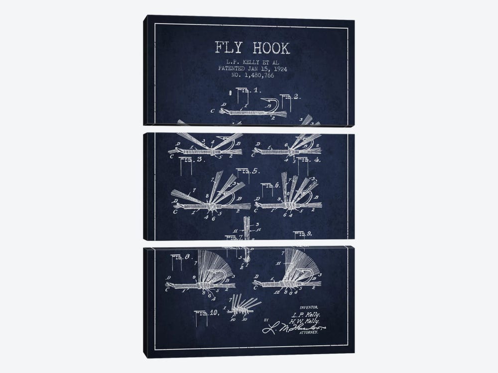 Fly Hook Navy Blue Patent Blueprint by Aged Pixel 3-piece Canvas Artwork